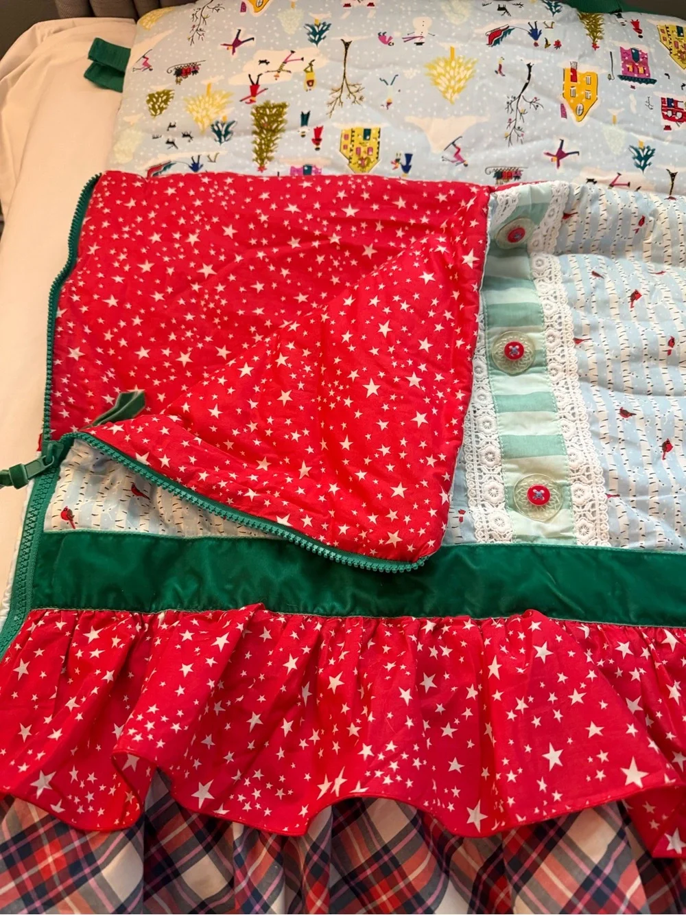 Matilda Jane Light Blue Holiday Village Sleeping Bag with Green Straps